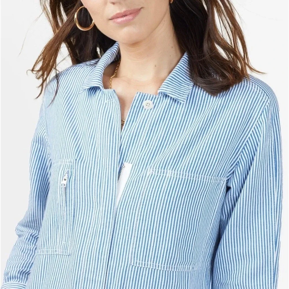 OUTERKNOWN Station Jumpsuit Women Small Blue Railroad Striped Utility Coveralls